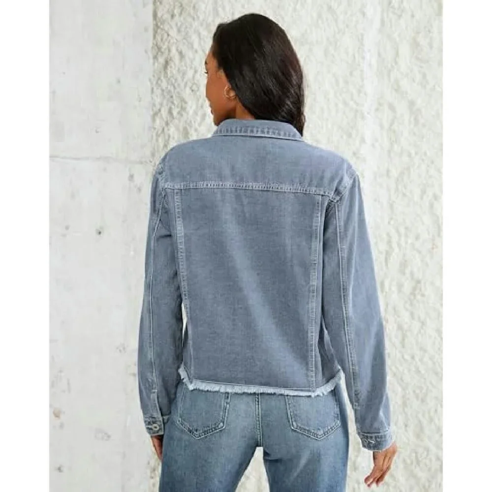 Distressed Denim Jacket Women's Long Sleeve Frayed Hem Trucker
